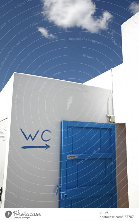 stilles Örtchen Bad Mauer Wand Tür Zeichen Reinlichkeit Sauberkeit skurril Toilette blau Farbfoto Außenaufnahme Menschenleer Textfreiraum oben Tag