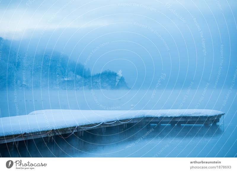 Schnee bedeckter Steg im Winter Freizeit & Hobby Angeln Schwimmen & Baden Schlittschuhlaufen Umwelt Natur Landschaft Wasser Himmel Horizont Nebel Eis Frost See