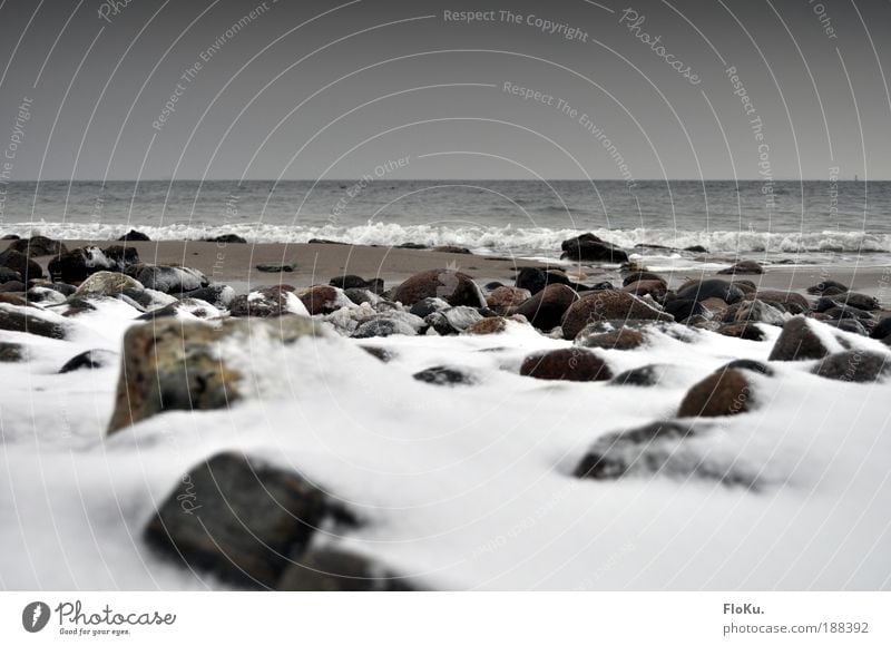 Winterstrand Umwelt Natur Landschaft Urelemente Sand Wasser Klima schlechtes Wetter Eis Frost Schnee Wellen Küste Strand Ostsee dunkel authentisch Unendlichkeit