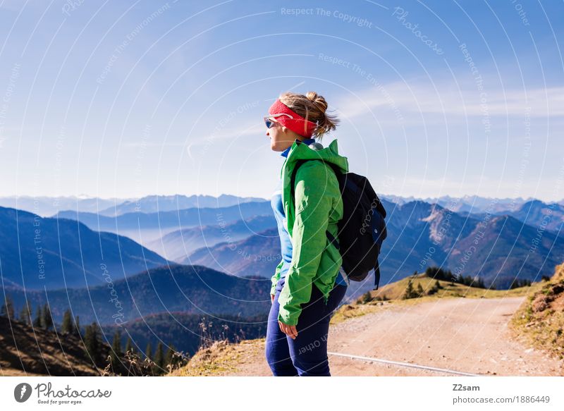 Kaiserwetter Lifestyle Abenteuer Berge u. Gebirge wandern Sport Junge Frau Jugendliche 18-30 Jahre Erwachsene Natur Himmel Herbst Schönes Wetter Alpen Gipfel
