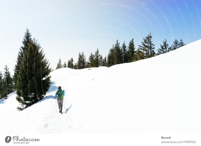 Frau wandert durch verschneite Berglandschaft des Hochries Erholung Ferien & Urlaub & Reisen Winter Sport Erwachsene Natur Fitness Abenteuer entdecken erleben
