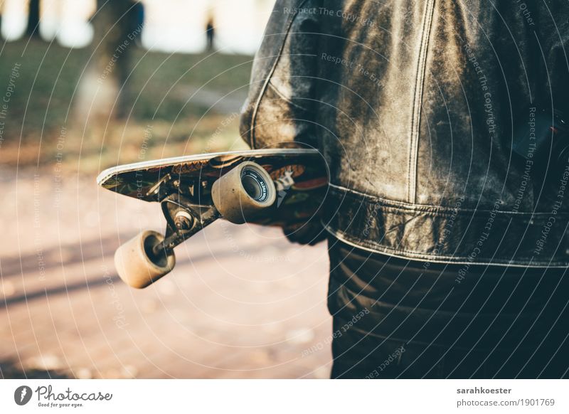 Longboarder bei Sonnenuntergang Mensch maskulin Junger Mann Jugendliche Jugendkultur Skateboard Jacke Leder gebrauchen fahren festhalten Fitness Sport