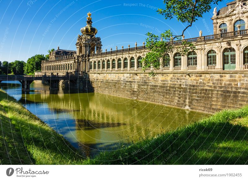 Blick auf den Zwinger in Dresden Ferien & Urlaub & Reisen Tourismus Hauptstadt Altstadt Brücke Gebäude Architektur Sehenswürdigkeit historisch grün Tradition