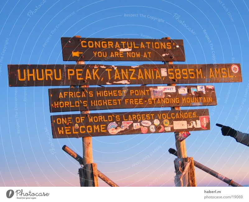 Kilimanjaro Luft kalt Wind schön Erfahrung Afrika Gipfel Meter Zufriedenheit Berge u. Gebirge hoch Himmel Erfolg genießen Selbserfahrung Schilder & Markierungen