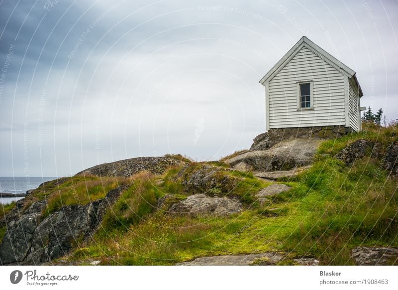 Romantisches Haus auf den Felsen in Norwegen Meer Insel Umwelt Natur Landschaft Urelemente Luft Wasser Himmel Sommer Wind Küste Bucht Fischerdorf Traumhaus