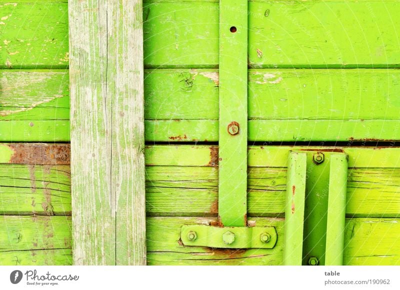 verbrettert Holz Metall alt eckig kaputt grün innovativ Ordnung Qualität Verfall Versicherung Zusammenhalt Holzbrett Wand Bordwand Anhänger Schraube Halterung