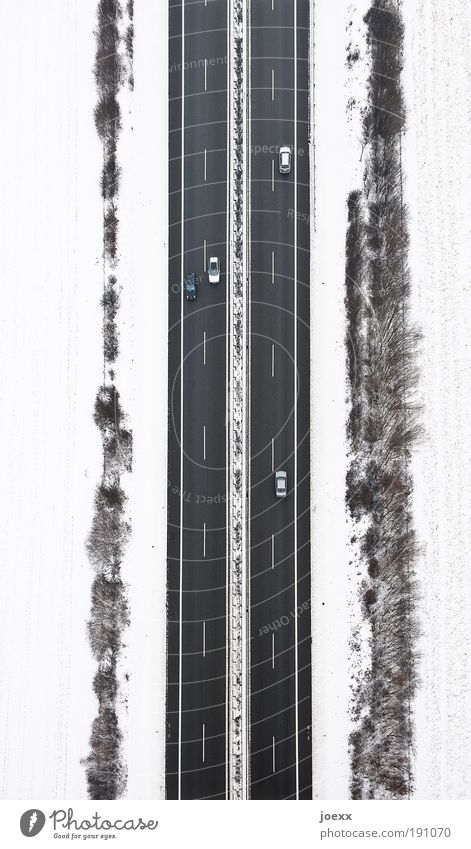 Auf Streife Umwelt Erde Winter Wetter Eis Frost Schnee Sträucher Verkehr Verkehrswege Straßenverkehr Autofahren Autobahn PKW Luftverkehr