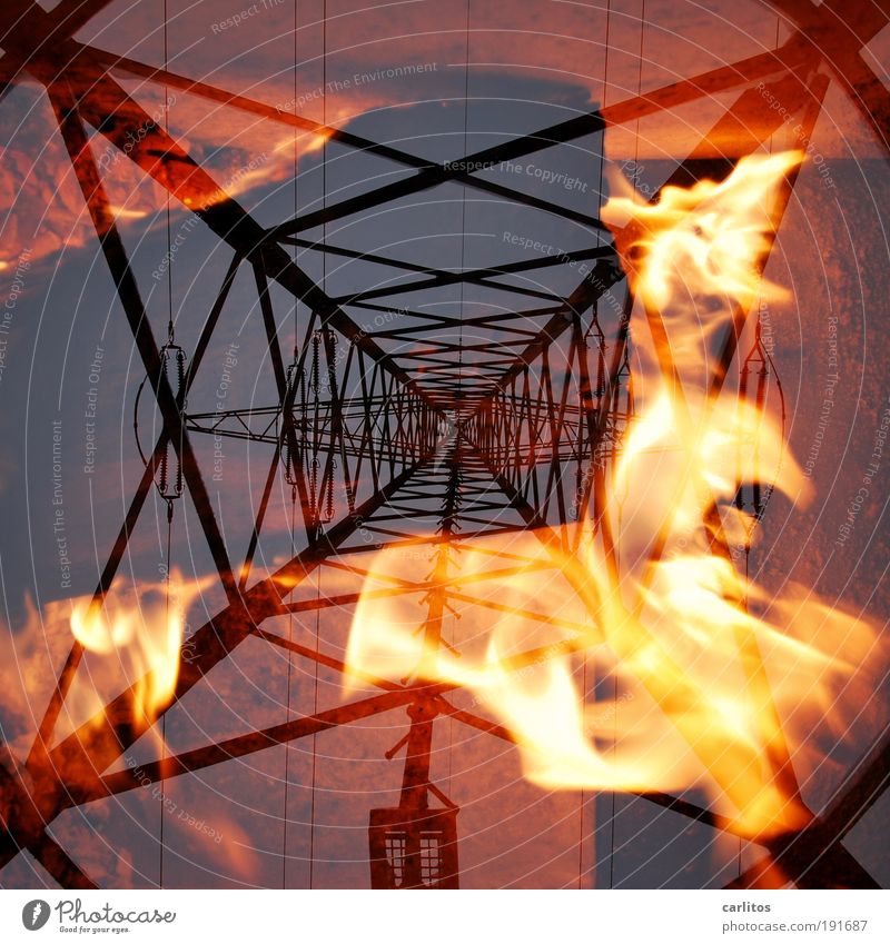 CO2 | Die Erde brennt Feuer heiß Strommast Gitter Fluchtpunkt Symmetrie hoch Bohrturm Arbeitsunfall Unfall Explosion Brand Umweltverschmutzung Ölpest brennen