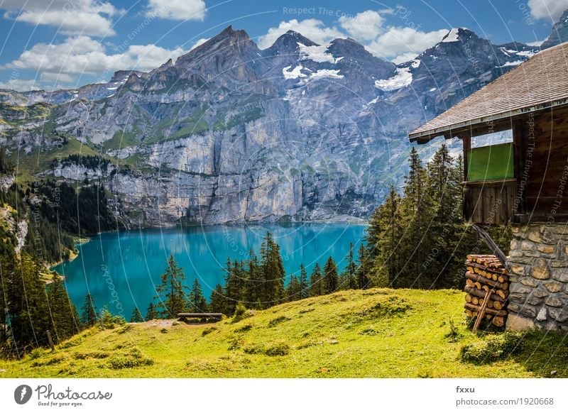 Oeschinensee Natur Landschaft Wolken Sommer Wald Hügel Felsen Alpen Berge u. Gebirge See Hütte wandern ästhetisch gigantisch blau gelb grün Zufriedenheit