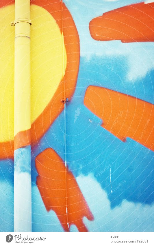 Sonnenklar Stil Design Freude Gebäude Mauer Wand Fassade Zeichen Graffiti authentisch Fröhlichkeit schön blau gelb orange Regenrinne Eisenrohr Fallrohr
