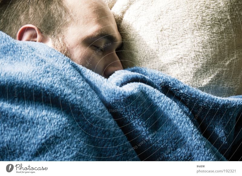 Siebenschläfer Wohnung Feierabend Mensch Kopf 1 Kissen Decke liegen schlafen träumen kuschlig Zufriedenheit Geborgenheit ruhig Schlafplatz Farbfoto
