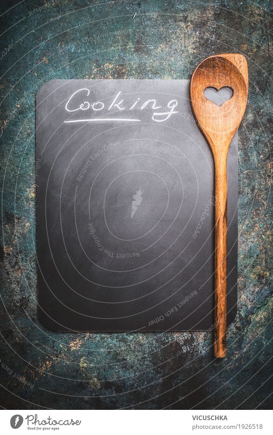 Hintergrund mit leeren Tafel und Kochlöffel Ernährung Löffel Stil Design Zettel Zeichen Herz Symbole & Metaphern Hintergrundbild Cooking Text rustikal Rezepte