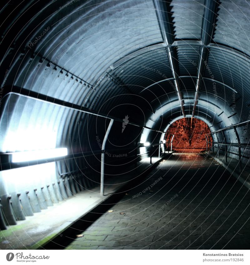 LEUCHT~STOFF~RÖHRE Verkehrswege Tunnel leuchten dunkel Unterführung Fahrradweg Neonlicht Geländer Pflastersteine Wellblech Bauwerk Farbfoto Außenaufnahme