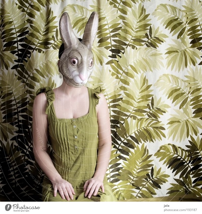 Apatisches Rumhocken Mensch feminin Frau Erwachsene sitzen grün Hase & Kaninchen Maske Ostern Karnevalskostüm Farbfoto Innenaufnahme Tag Porträt Oberkörper