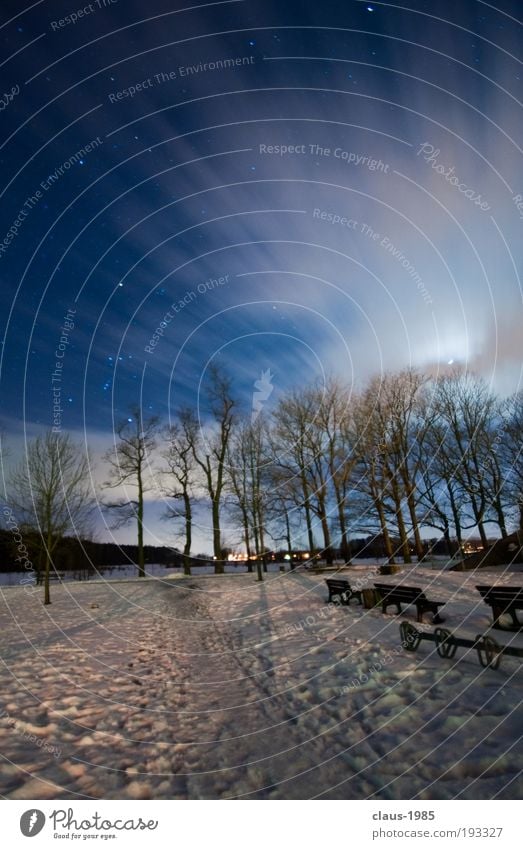 Nachts am Schloß Kunst Natur Himmel Wolken Stern Mond Winter Wetter Eis Frost Schnee Baum Park schön weich blau grau weiß Umwelt Farbfoto Außenaufnahme