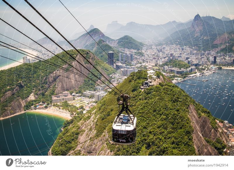 Blick vom Zuckerhut, Rio de Janeiro Landschaft Wasser Himmel Wolkenloser Himmel Sommer Urwald Hügel Felsen Berge u. Gebirge Gipfel Küste Strand Bucht Meer Stadt