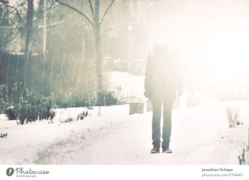 überstrahlt Mensch 1 stehen leuchten grün weiß Gefühle Einsamkeit Spaziergang Park Winter träumen Aussehen auftauchen Nebel gerade unerkannt unerklärlich Beine