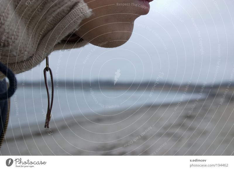 Das Kinn Gesicht Freiheit Expedition Mann Erwachsene Mund Natur Landschaft Wasser Gewitterwolken Herbst Ostsee Pullover frieren beweglich Horizont Farbfoto