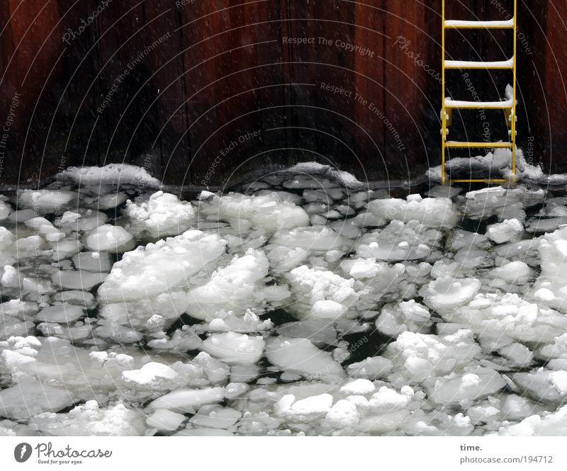 Ausstiegsszenario Schnee Baustelle Leiter Wasser Eis Frost kalt nass viele grau weiß Eiswasser ungemütlich Teile u. Stücke Bruchstück Anhäufung Verschiedenheit
