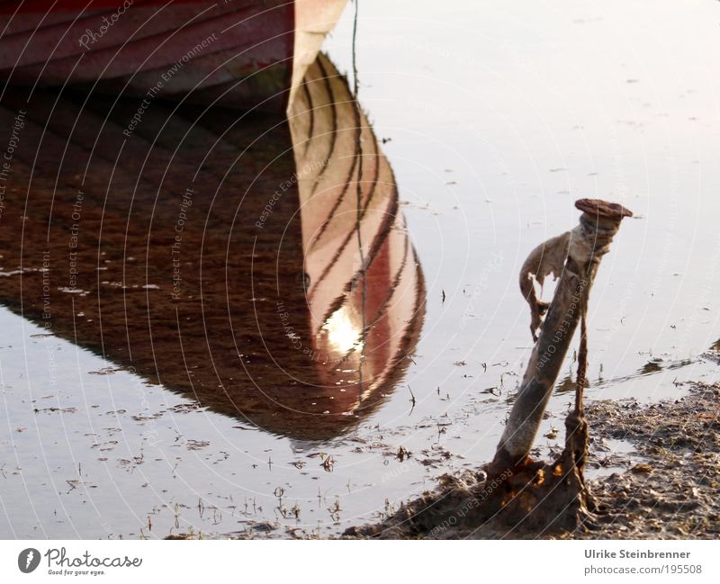 Spiegelung der Unterseite eines Fischerbootes im Abendlicht Ferien & Urlaub & Reisen Sonne Strand Meer Insel Feierabend Seil Schifffahrt Wasser Algen Bucht