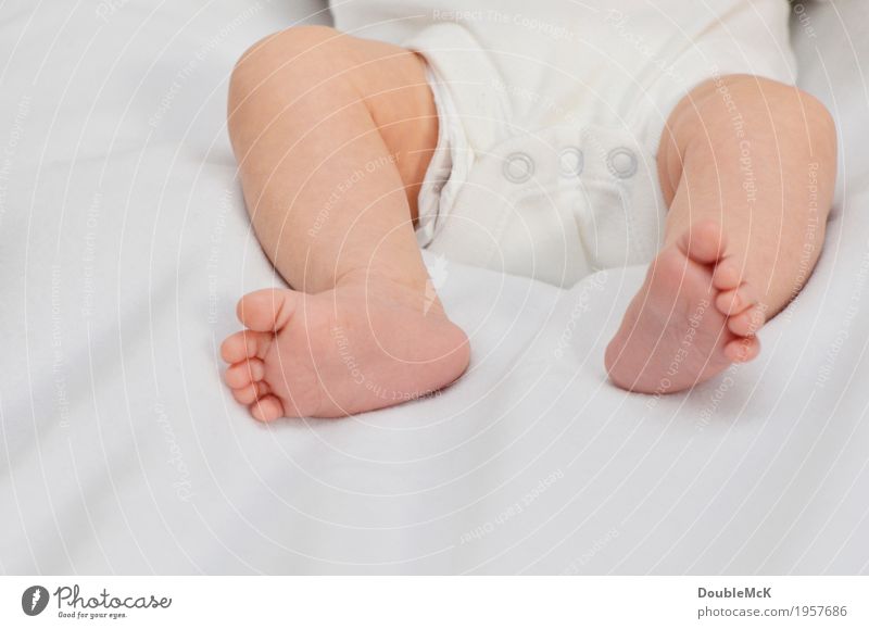 Babybeinchen auf weißer Decke Mensch Haut Beine Fuß Zehen 1 0-12 Monate liegen klein nackt Wärme rosa Freude Zufriedenheit Geborgenheit Gefühle Kindheit