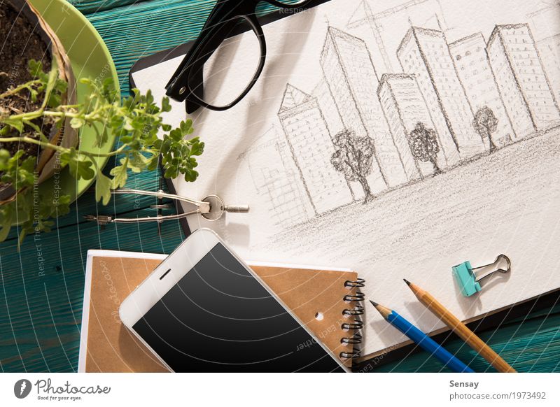 Immobilienkonzept - Skizze der Architektur auf dem Schreibtisch Design Haus Tisch Arbeitsplatz Industrie Business Telefon Technik & Technologie Pflanze Baum