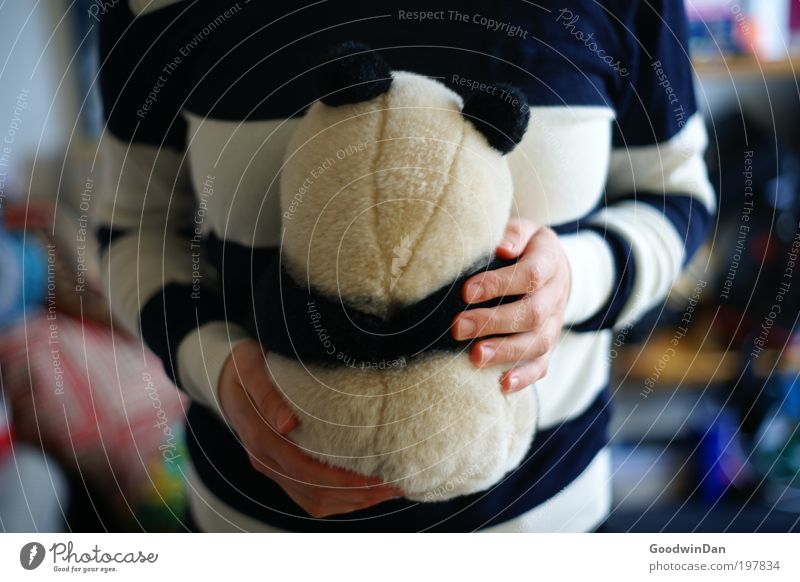 Suboptimale Tarnung Mensch Partner 1 Tier Stofftiere berühren Erholung festhalten Liebe frei Fröhlichkeit kuschlig Wärme weich blau weiß Zufriedenheit Panda