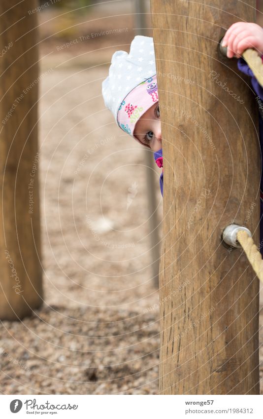 Versteckspiel Spielen Spielplatz verstecken Mensch Kind Kleinkind Mädchen 1 1-3 Jahre Neugier braun Farbfoto Gedeckte Farben Außenaufnahme Textfreiraum links