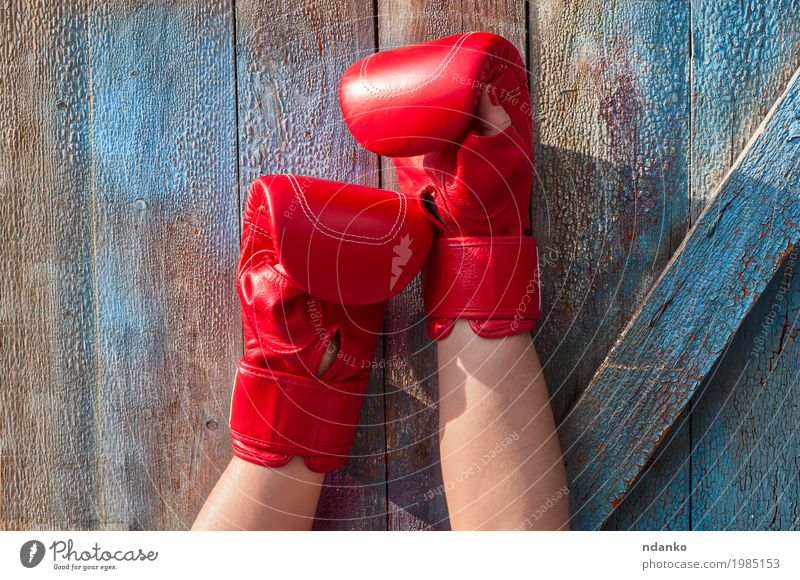 Paar weibliche Hände in roten Boxhandschuhen Sport Erfolg Verlierer feminin Frau Erwachsene Hand Finger 1 Mensch 18-30 Jahre Jugendliche Handschuhe Holz Leder
