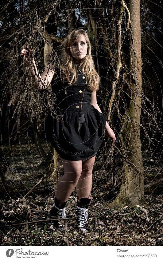 Alice Stil feminin Junge Frau Jugendliche 18-30 Jahre Erwachsene Natur Landschaft Baum Wald Kleid Stiefel Hut blond langhaarig berühren stehen träumen dunkel