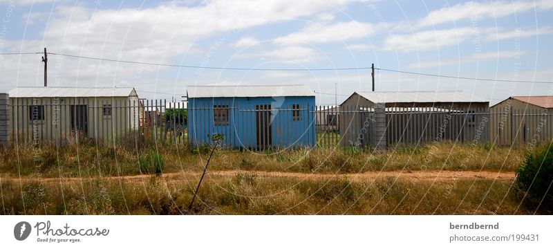 Afrika Sommer Himmel Wolken Sonnenlicht Schönes Wetter Gras Kapstadt Hütte Gebäude Fenster Tür Holz Metall blau braun mehrfarbig Armut Überleben Verfall