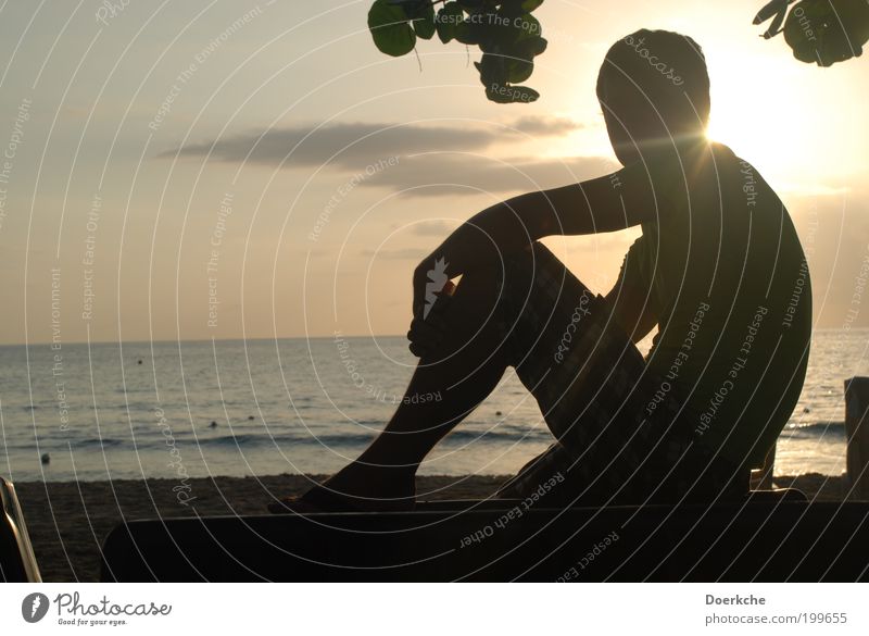 Genießen maskulin Mann Erwachsene 18-30 Jahre Jugendliche Sand Wasser Sonnenaufgang Sonnenuntergang Sommer Meer heiß Farbfoto Außenaufnahme Dämmerung Silhouette