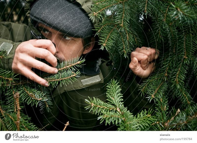 spitzel Mensch maskulin Mann Erwachsene Tanne Mütze grün Spitzel spionieren Detektiv geheimnisvoll Versteck verstecken beobachten Stalker Stalking Voyeurismus