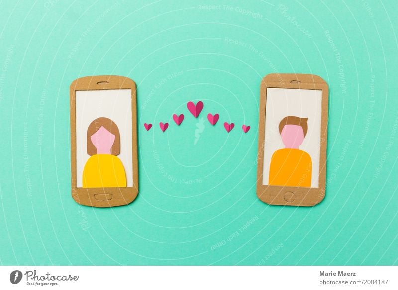 Online dating Stil Design Flirten Handy PDA Mensch Junge Frau Jugendliche Junger Mann Paar 2 Kommunizieren Liebe Glück trendy türkis Begeisterung Sympathie