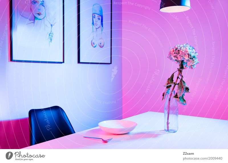 Stil Kunst Ausstellung Architektur Vase Tisch Stuhl Gemälde Bild Lampe elegant Kitsch modern Sauberkeit blau rosa Design Einsamkeit Farbe Inspiration