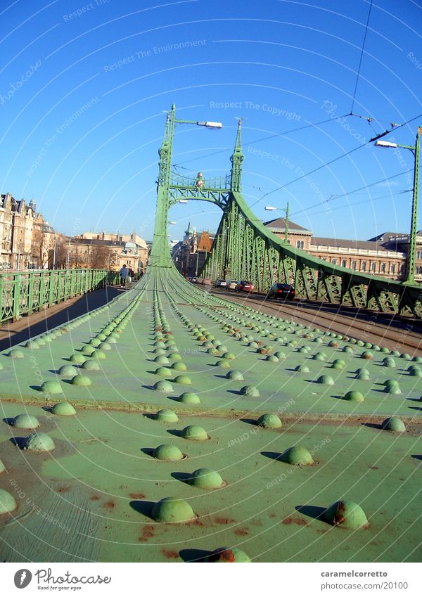 Brücke_in_Budapest_02 grün Froschperspektive Gerüst Ungar Metall Niete Metallnieten Metallbrücke Farbe grün Blauer Himmel Architektur