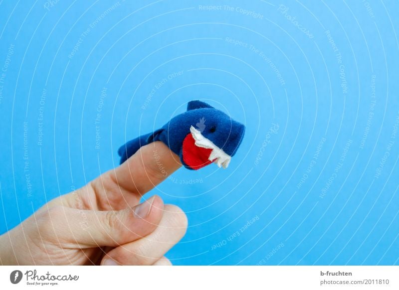 Killerhai Mann Erwachsene Finger 30-45 Jahre Puppentheater Spielzeug Aggression frech blau Fingerpuppe Haifisch Maul Zähne beißen angriffslustig Angriff Spielen