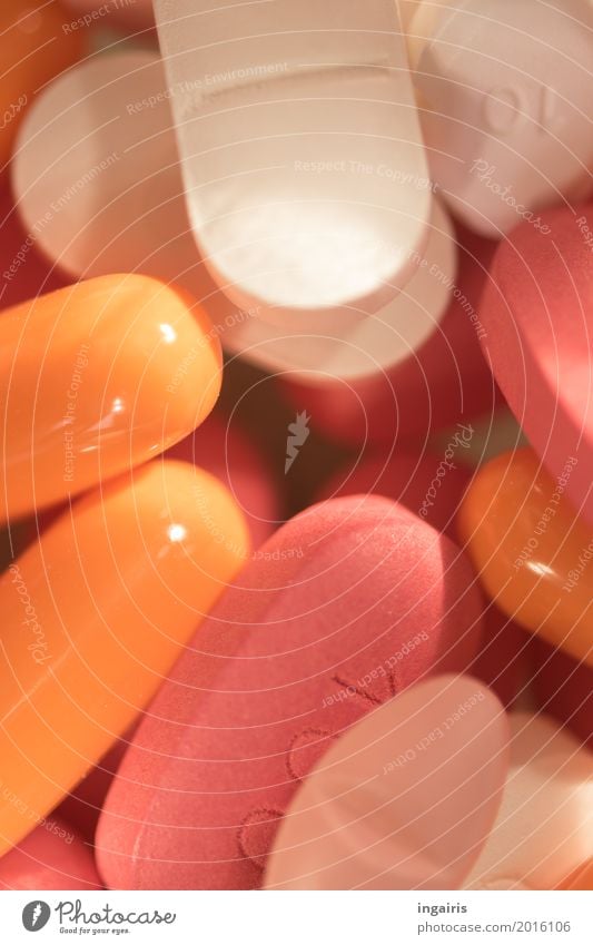 Pills Gesundheit Gesundheitswesen Behandlung Krankheit Medikament Wohlgefühl leuchten klein mehrfarbig orange rosa weiß Senior Schmerz Abhängigkeit Therapie