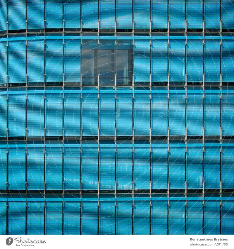 blue in Q Haus Bauwerk Gebäude Fassade Glasfassade Fenster blau Farbe modern Linie Quadrat frontal Bürogebäude Farbfoto Außenaufnahme Menschenleer Tag