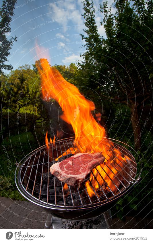 Angrillen Grill Fleisch Flamme Feuer brennen Steak Himmel roh Wolken Baum Garten Sommer Grillen Kohle Wärme Rauch orange Rindfleisch Tag Haushalt Gras Rost