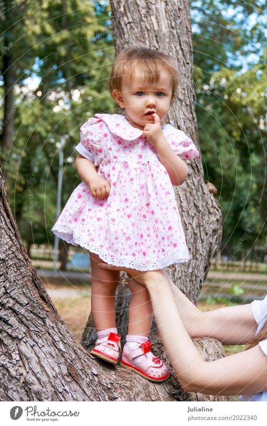 Nettes Kind im rosa Kleid Baby Frau Erwachsene Mutter Finger 1 Mensch 1-3 Jahre Kleinkind Baum weiß neugeboren saugen Mädchen Europäer Kaukasier eine zwei