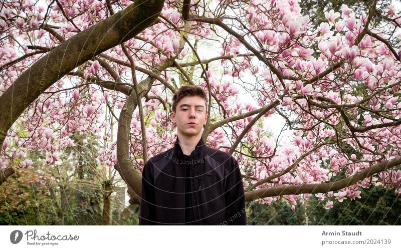 Porträt unter Magnolie Lifestyle Stil Leben harmonisch Zufriedenheit ruhig Mensch maskulin Junger Mann Jugendliche 1 13-18 Jahre Natur Landschaft Pflanze
