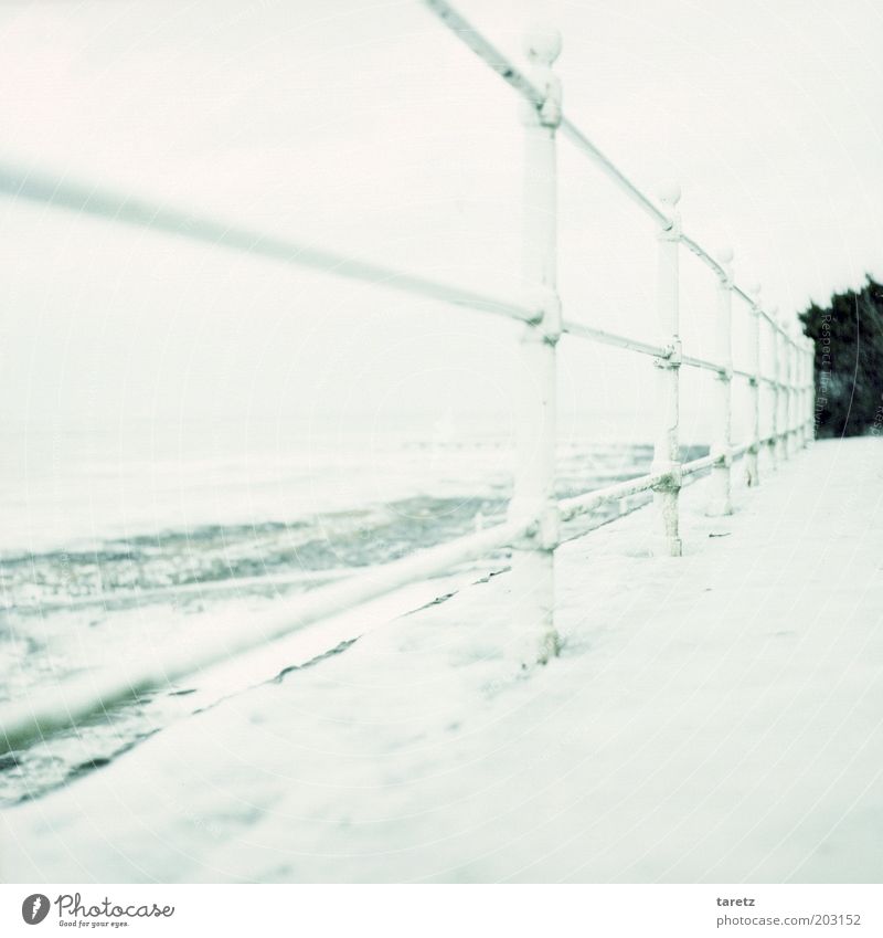 Wisst ihr noch, wie kalt es war? Landschaft Klimawandel Eis Frost Schnee Wellen Küste Meer Nordsee Dangast Geländer Promenade hell Wege & Pfade Strand gefroren