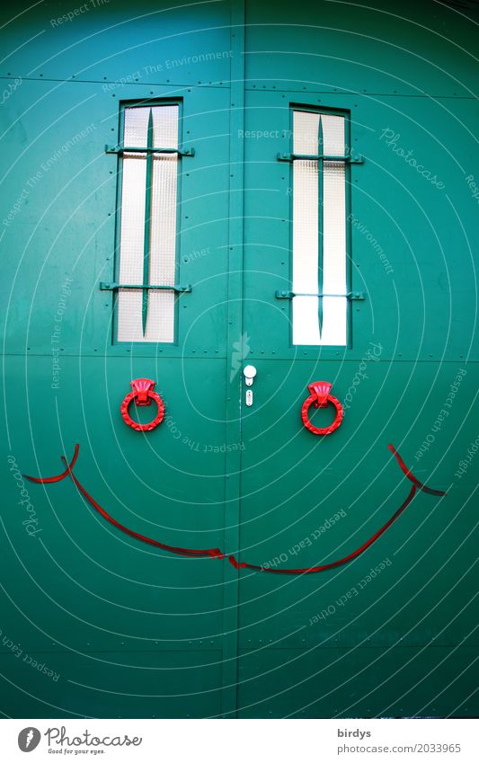 smiling face Gesicht Tür Eingangstor Lächeln Freundlichkeit listig lustig positiv grün rot Zufriedenheit Gefühle Gesichtsausdruck formatfüllend Farbfoto