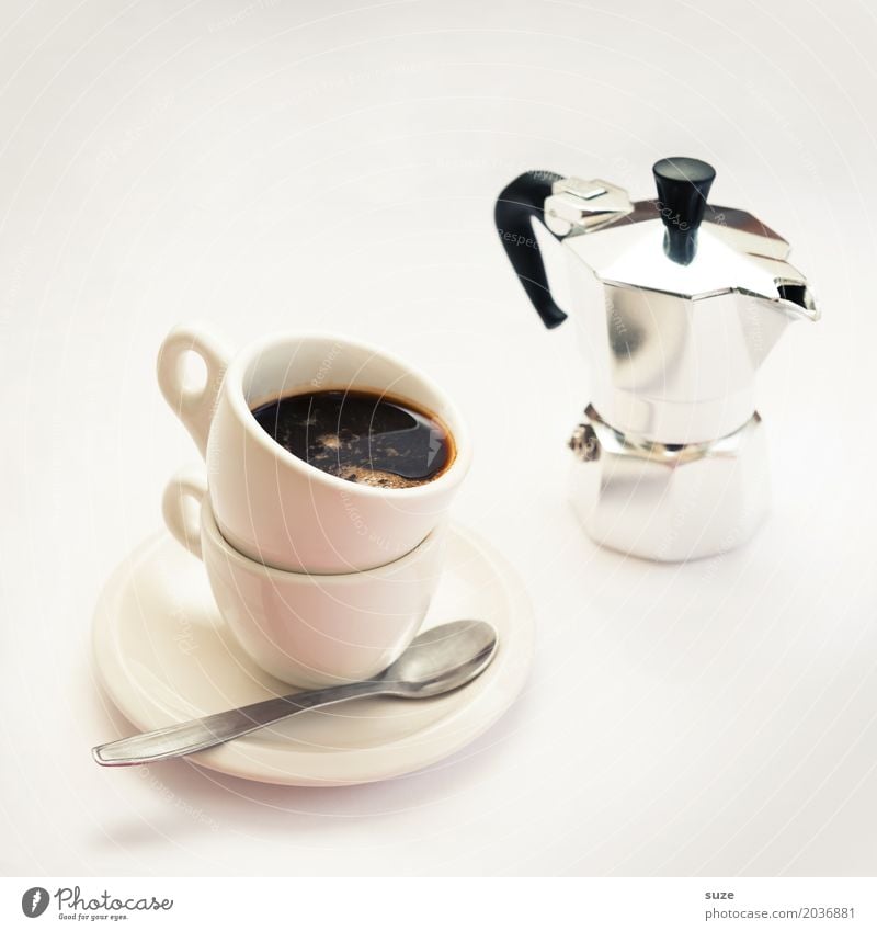 Lebenselixier | Espresso doppio Lebensmittel Getränk Kaffee Tasse Löffel Lifestyle Stil Design harmonisch Gastronomie genießen hell lustig schwarz weiß