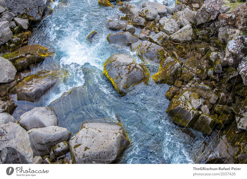 Wasser Umwelt Natur Landschaft Bach Fluss blau braun gelb grün weiß Stein kalt Moos Farbfoto Außenaufnahme Menschenleer Tag Vogelperspektive