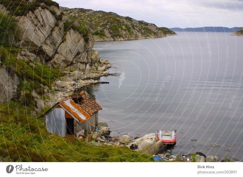 Norwegische Bucht Umwelt Natur Landschaft Luft Wasser Fjord Menschenleer Hütte Ruine Schlauchboot kaputt trist grau grün ruhig Einsamkeit Verfall Vergangenheit