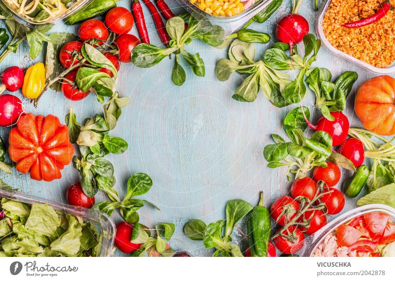 Zutaten für Salat Lebensmittel Gemüse Salatbeilage Ernährung Mittagessen Picknick Bioprodukte Diät Stil Design Gesundheit Gesunde Ernährung Restaurant