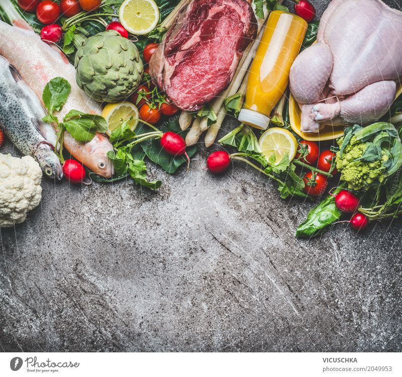 Zutaten für ausbalancierte Ernährung Lebensmittel Fleisch Fisch Gemüse Salat Salatbeilage Frucht Apfel Kräuter & Gewürze Bioprodukte Diät Getränk