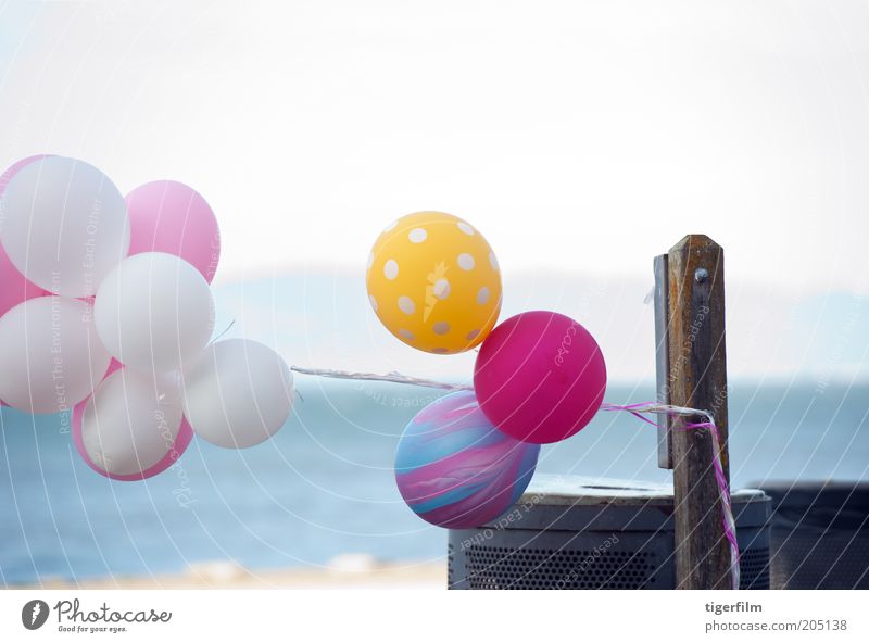 Ballons, die im Wind schwanken. Luftballon Farbe mehrfarbig rosa gelb blau Himmel ""San Francisco"" ""Bay Area""" Strand Küste Wasser Müll Dose Müllbehälter